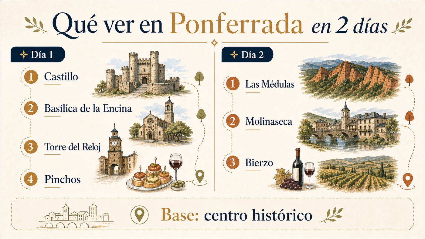Infografía horizontal con ruta de dos días por Ponferrada, Castillo, Basílica de la Encina, Torre del Reloj, pinchos, Las Médulas, Molinaseca y Bierzo