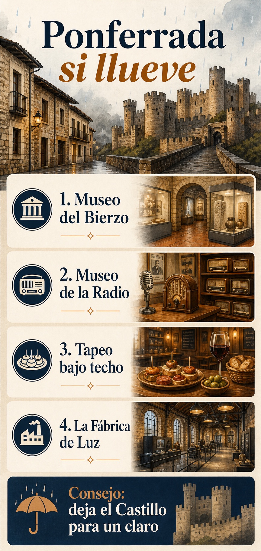 Infografía vertical con planes para hacer en Ponferrada si llueve: Museo del Bierzo, Museo de la Radio, tapeo bajo techo y La Fábrica de Luz