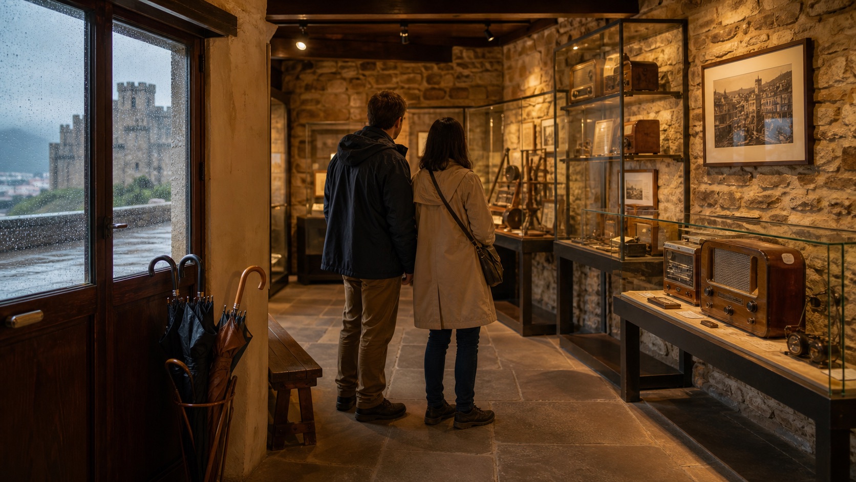 Interior cultural con vitrinas y ambiente cálido para un día de lluvia en Ponferrada